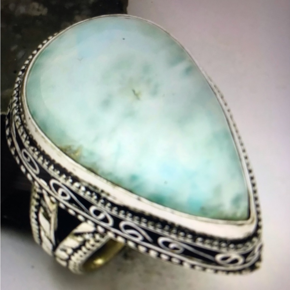Larimar Stamped 925 Sterling Silver Ring